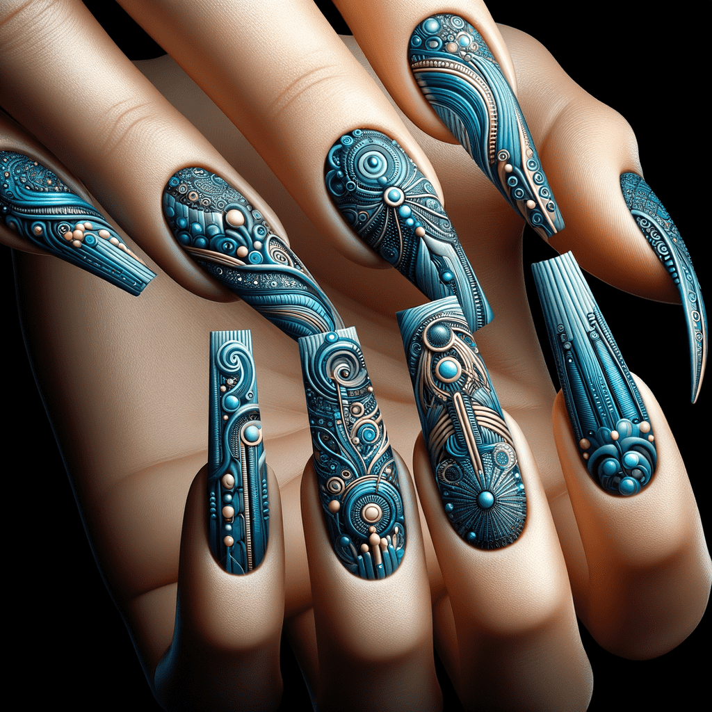 Alt text: Close-up of a hand with long stiletto nails featuring intricate blue and turquoise nail art with swirling patterns and raised dot embellishments.