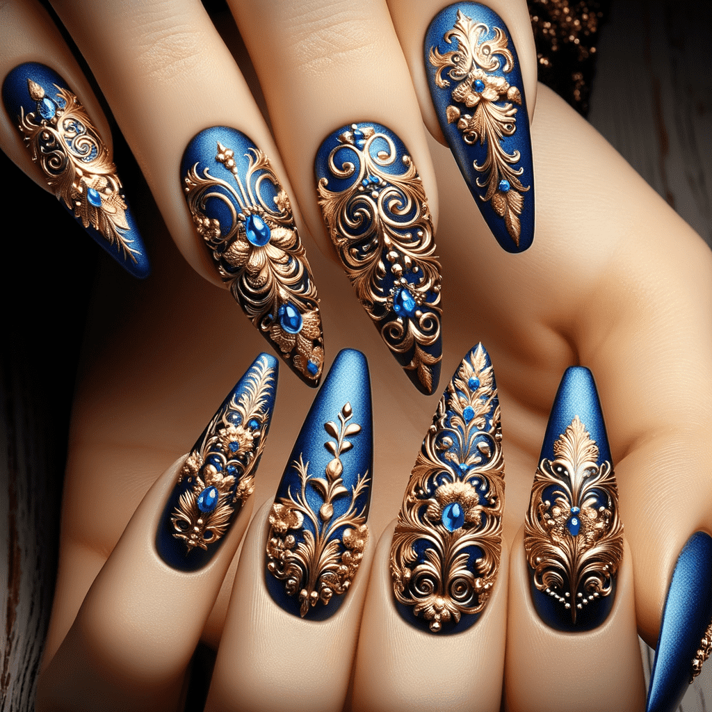 Alt text: Elegant blue and gold nail art design featuring intricate swirls and floral patterns, adorned with small blue gemstones.