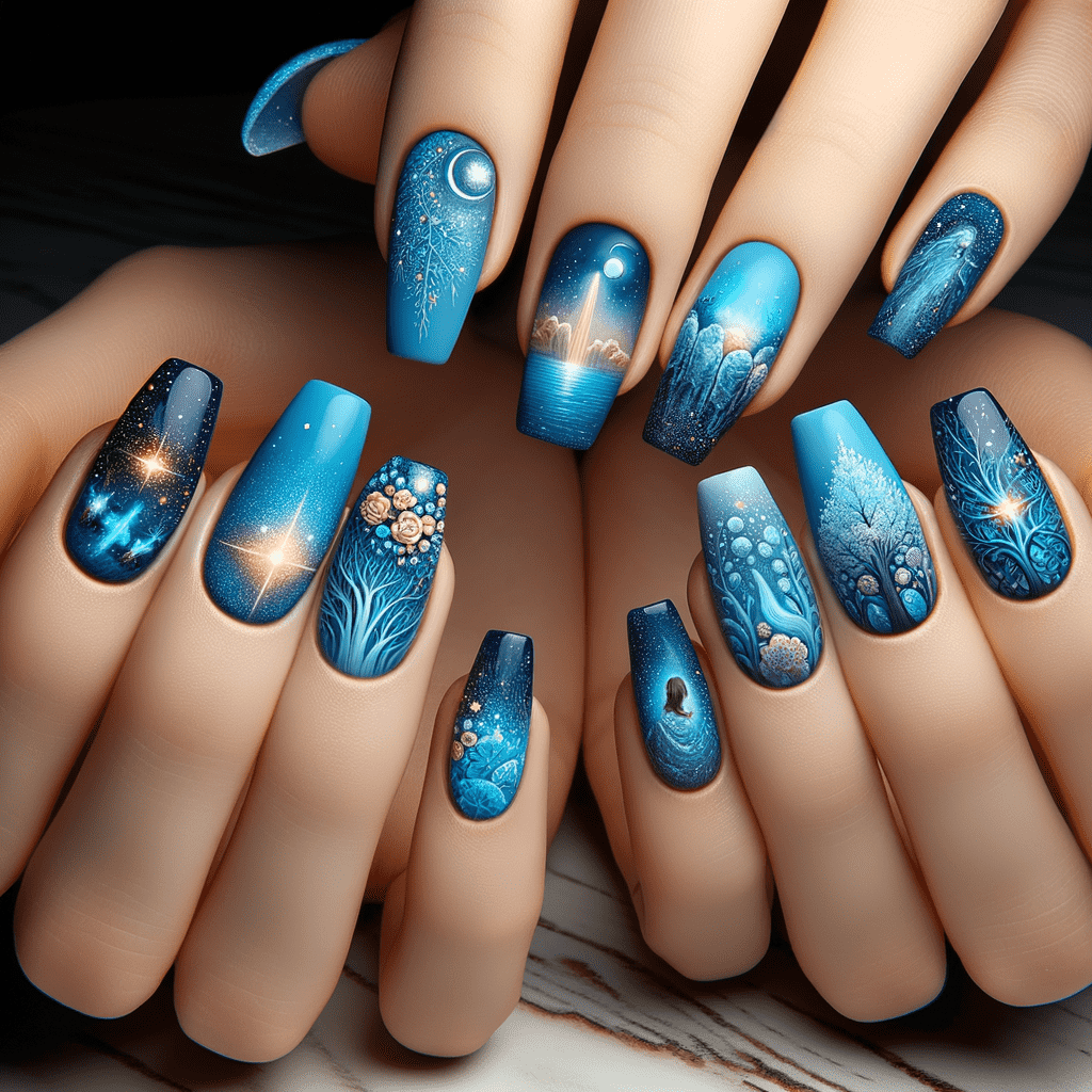 Alt text: A set of intricately designed blue nails with various patterns including celestial bodies, floral designs, and silhouettes, exhibiting a mix of matte and glossy finishes.