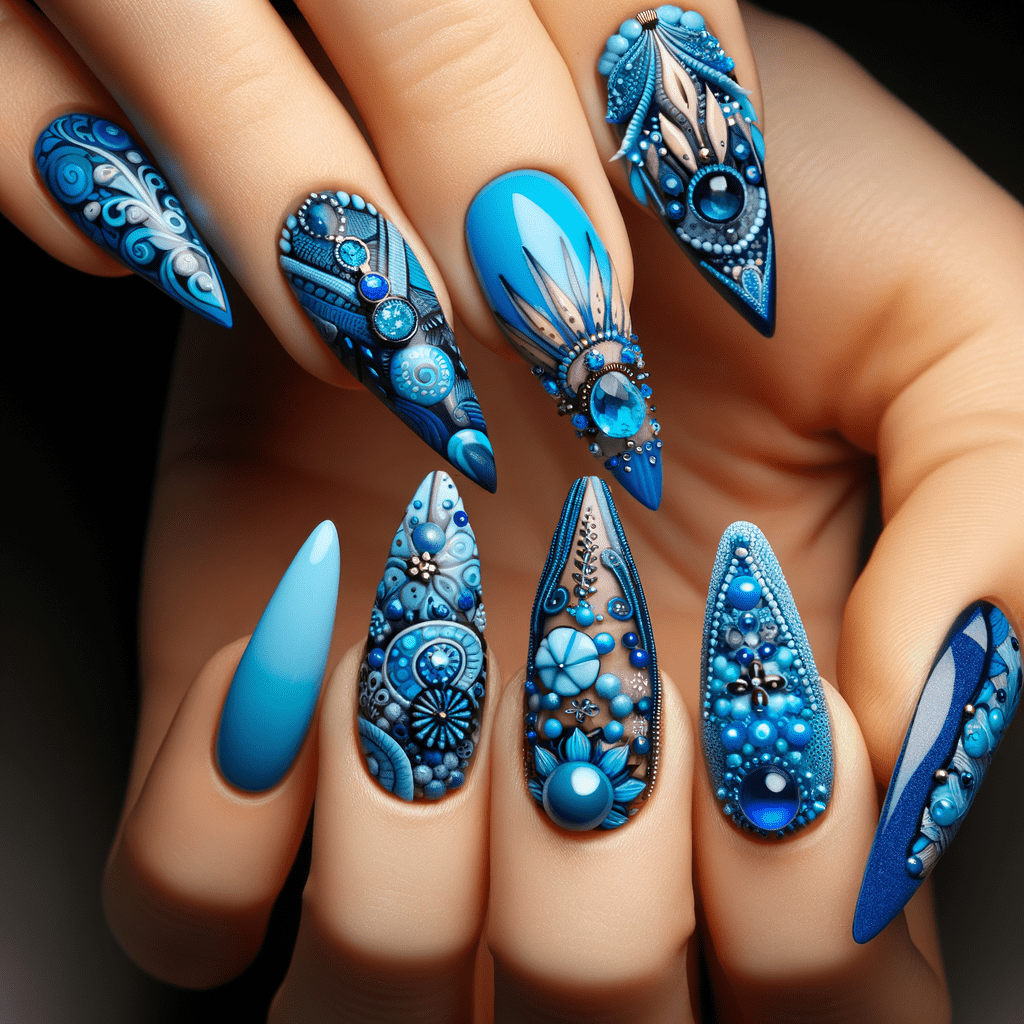 A set of intricately designed long, blue stiletto nails with detailed patterns and embellishments.