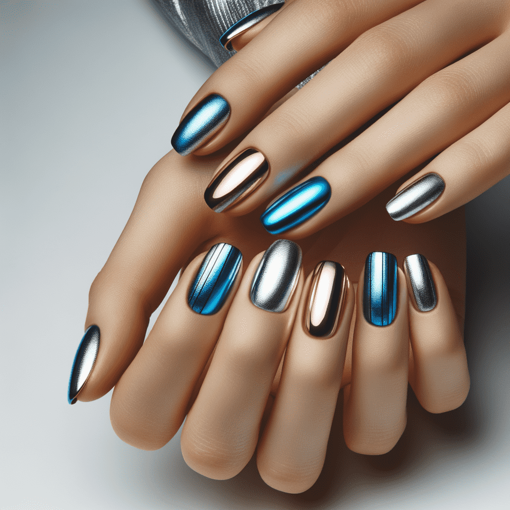 A close-up of a hand with metallic blue nail polish in various shades and designs, reflecting light with a sleek and shiny finish.