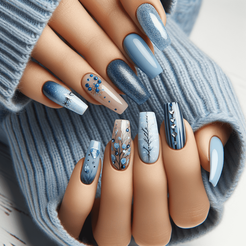 Alt text: A close-up of a hand with a blue-themed nail art design, featuring various shades of blue with glitter accents and intricate patterns, including leaf-like motifs and delicate lines, on different nail shapes.