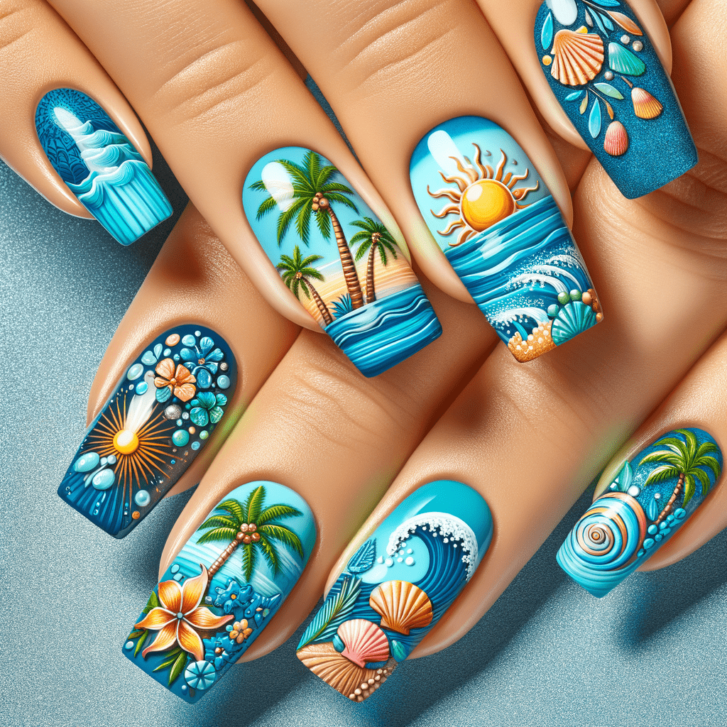 Alt text: Elaborately designed blue-themed nail art featuring tropical motifs like palm trees, ocean waves, the sun, and shells on a person's fingers.