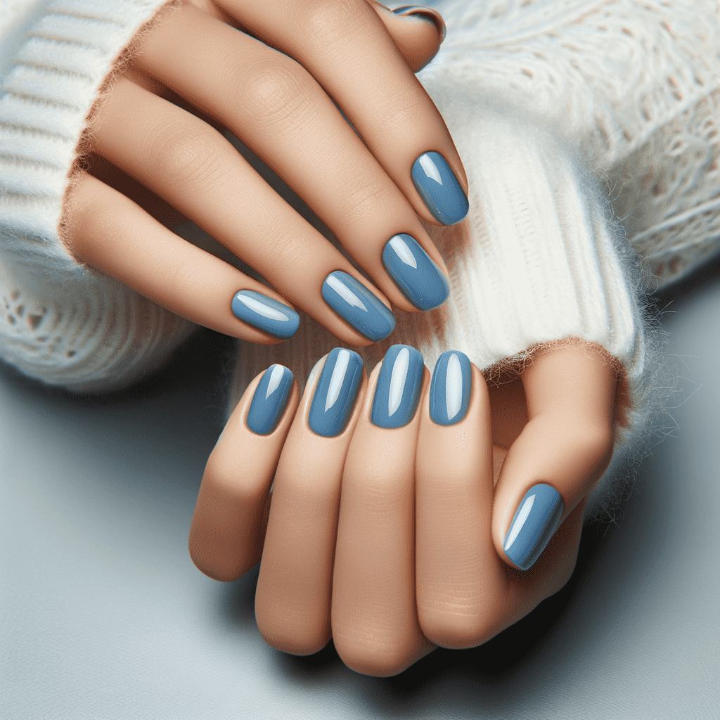 A person's hands with long, oval-shaped nails painted in a glossy sky blue polish, slightly held by a cozy white knitted sweater.