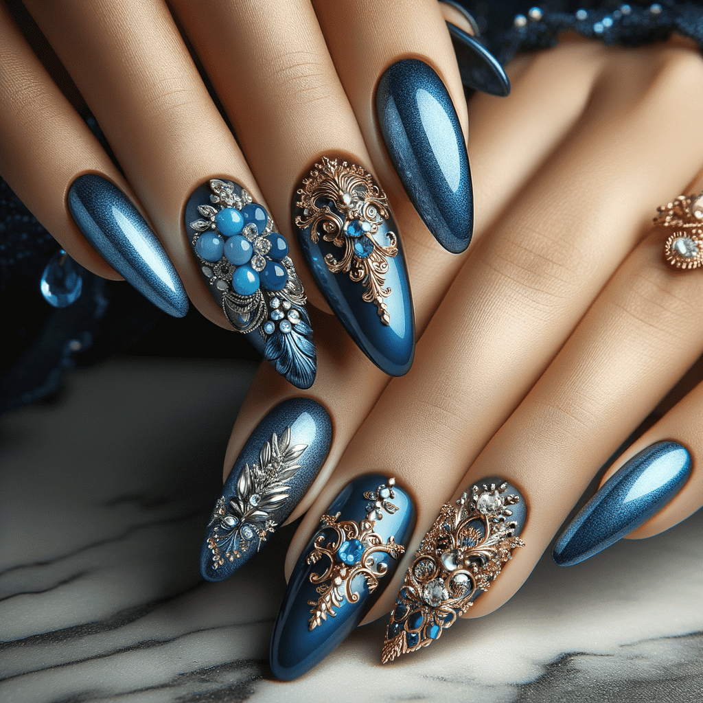 Alt text: A close-up of a hand with blue nail art featuring metallic accents and floral designs, set against a marble surface.