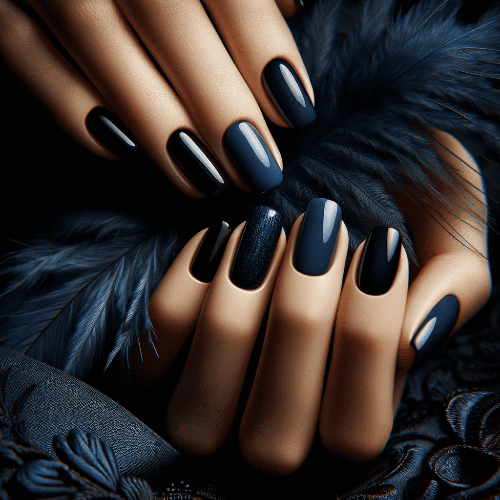 Close-up of hands with dark blue nail polish, featuring a mix of matte and glittery finishes on the nails, resting on a soft, dark surface with a feather accessory.