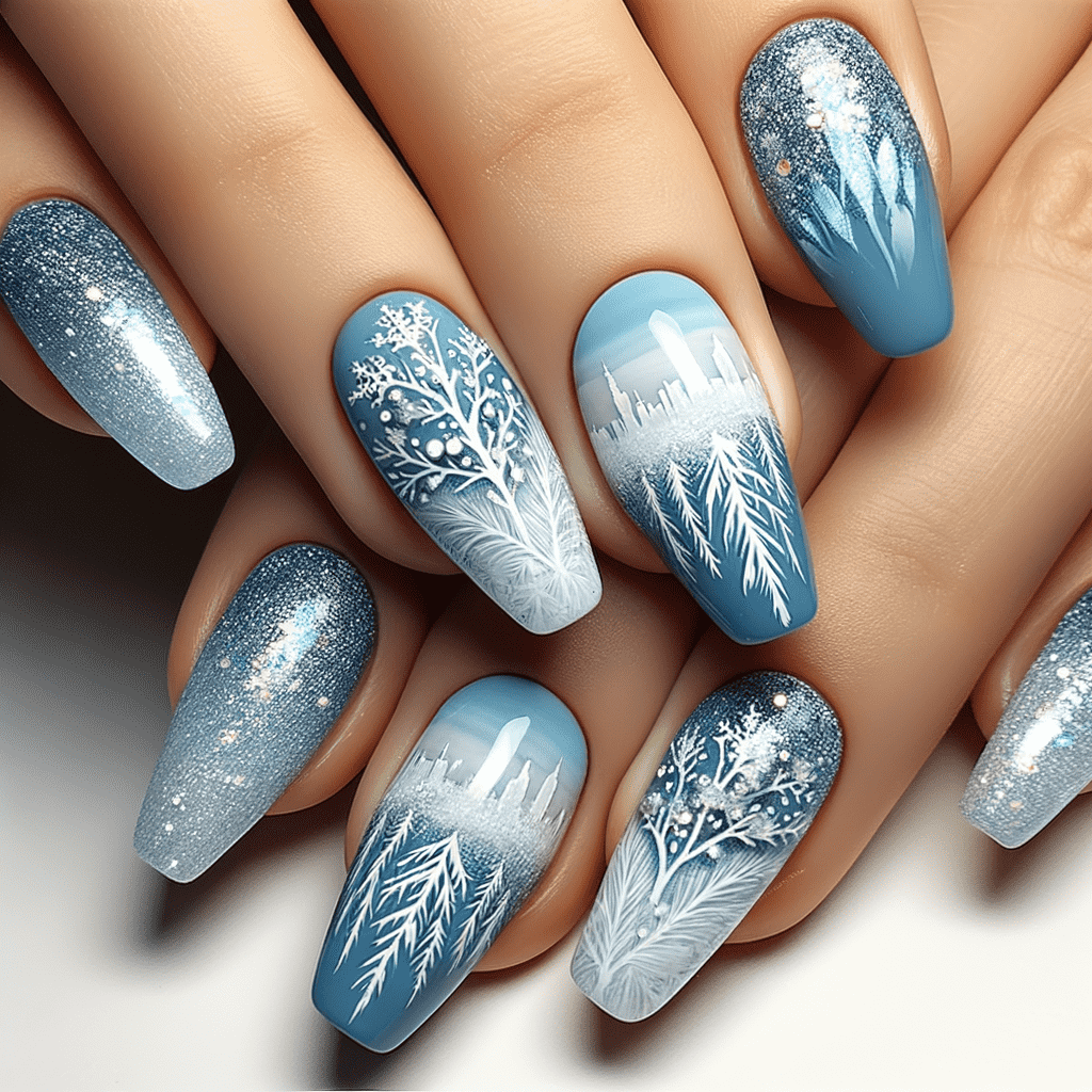 Alt text: "Blue ombré nail art featuring sparkly tips that transition to a solid blue base, adorned with white winter-themed designs including snowflakes and trees."