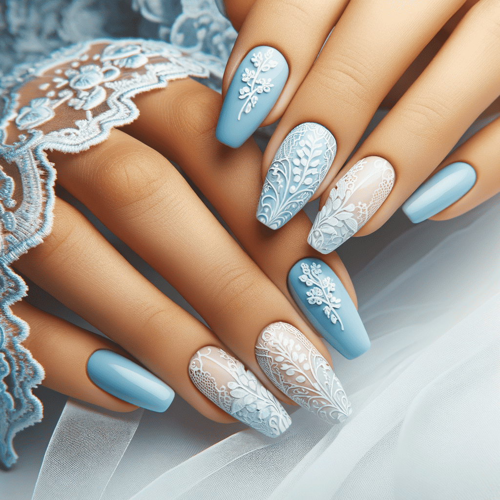 Alt text: An elegant hand with blue and white nail art, featuring intricate lace-inspired designs and solid blue nails, positioned over delicate lace fabric.