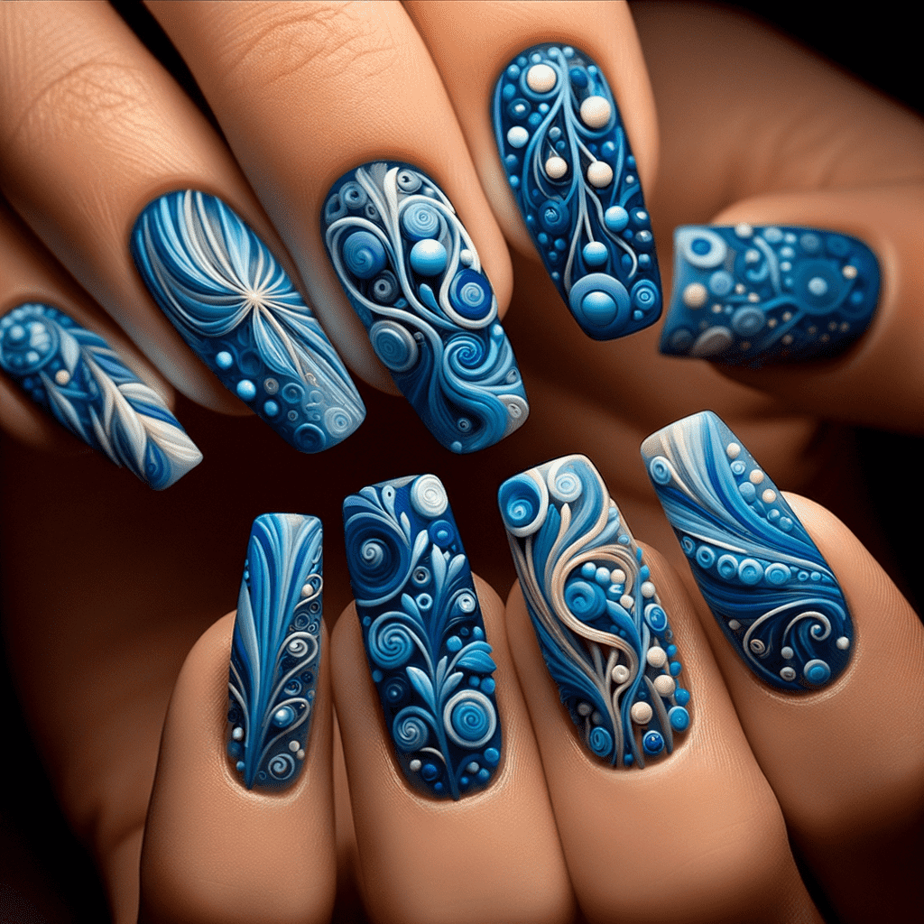 Close-up of hands with detailed blue 3D nail art, featuring intricate swirls, beads, and petal-like patterns on long nails.