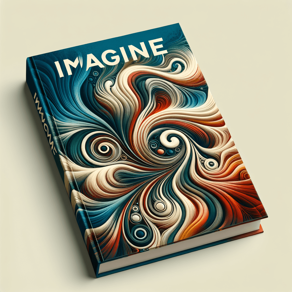 Book cover with the title "IMAGINE" set against a backdrop of swirling abstract patterns in shades of blue, white, and orange.