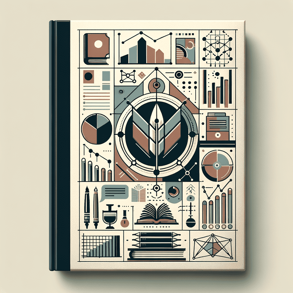 A book cover with a stylized, abstract design featuring geometric shapes, symbols, and illustrations relating to knowledge and learning, such as pens, pencils, a quill, books, and graphs, in a muted color palette.
