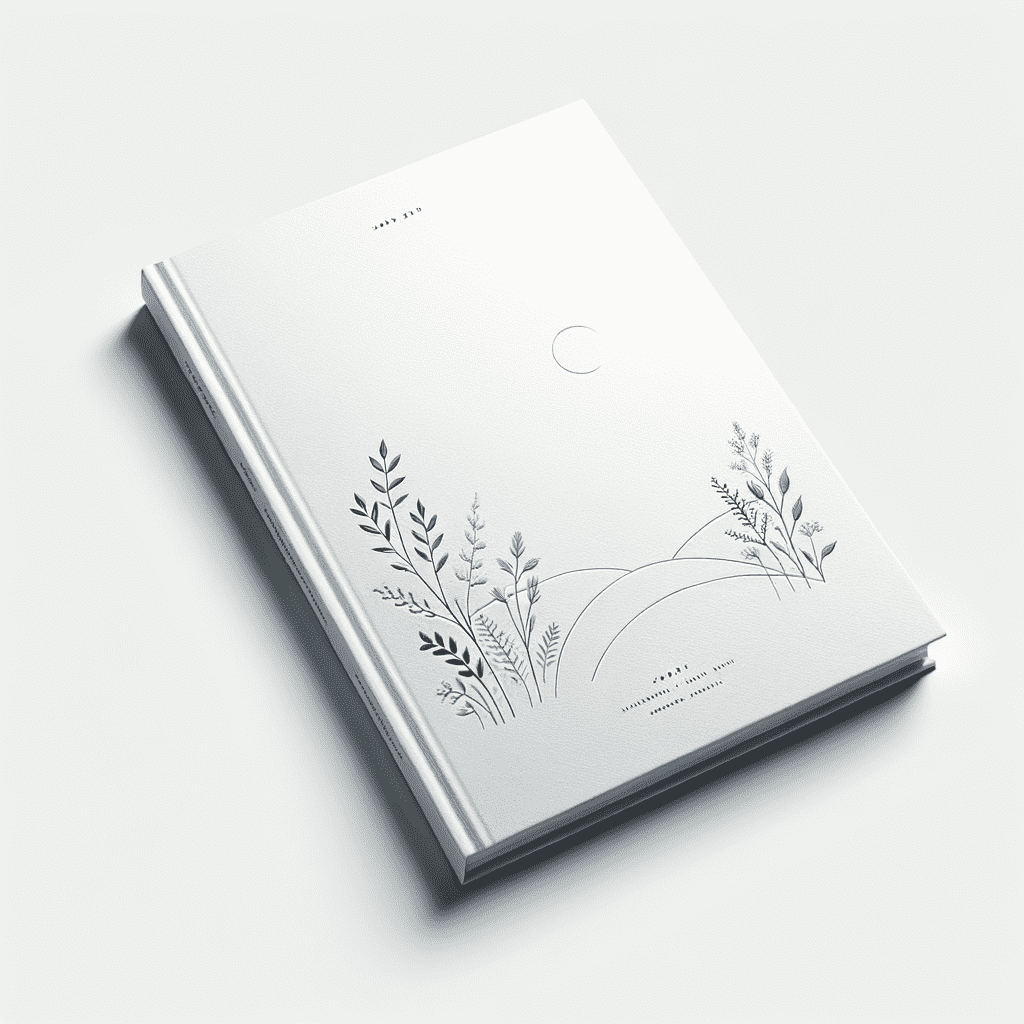 A minimalist book cover with botanical illustrations at the bottom and a small crescent moon at the top, all in a monochrome palette.