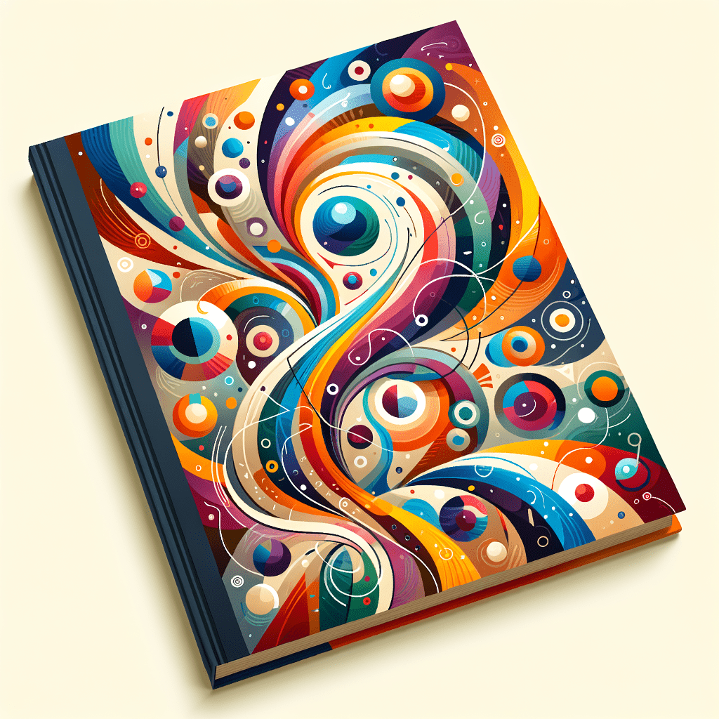 A colorful abstract book cover with a swirling pattern of circles, lines, and eye-like shapes in a vibrant array of colors.