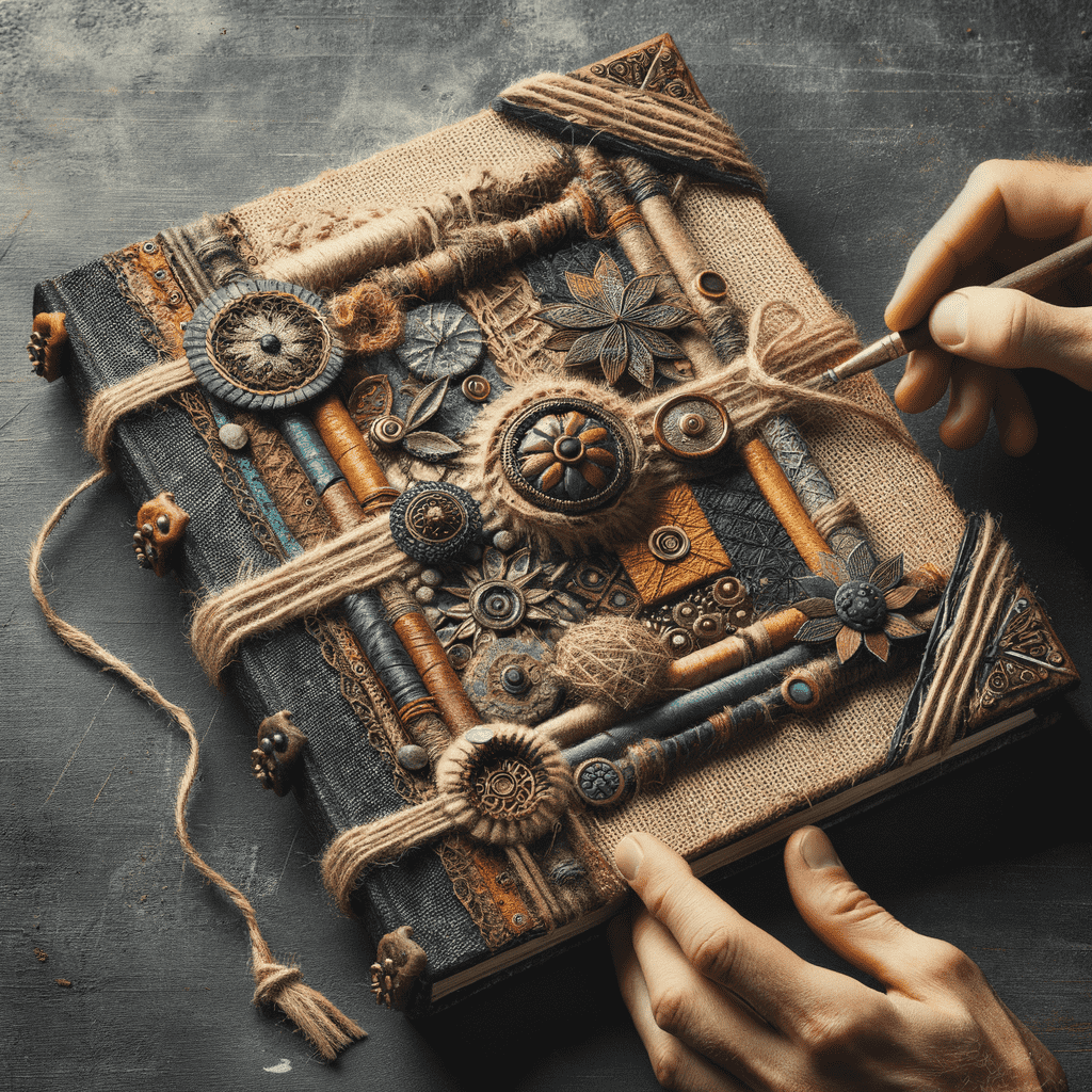 Alt text: An ornate book cover featuring a Steampunk-inspired design with gears, cogs, and mechanical elements woven into a robust fabric. A hand is resting on the cover, touching the intricate details.