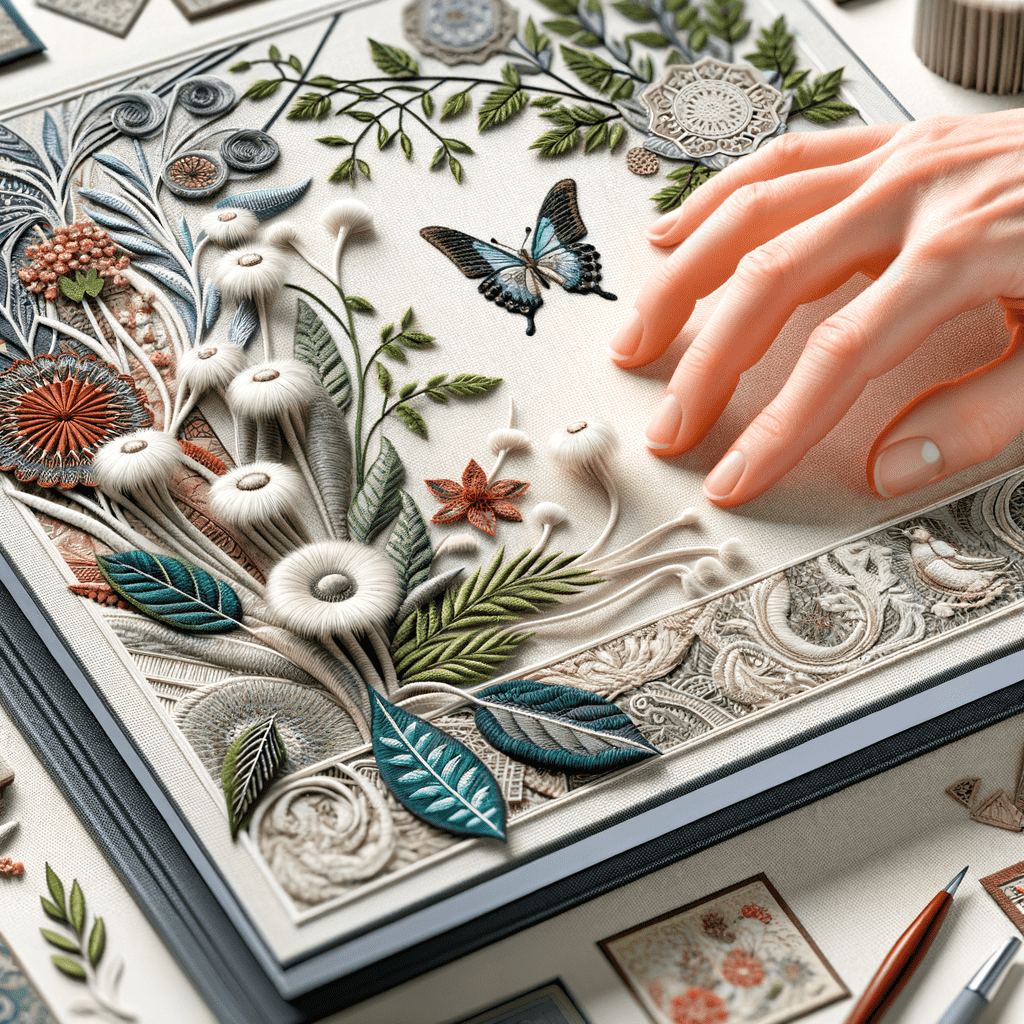 A hand resting on a book cover which features an intricate embossed design with flowers, leaves, butterflies, and ornamental patterns, suggesting a tactile and artistic experience.