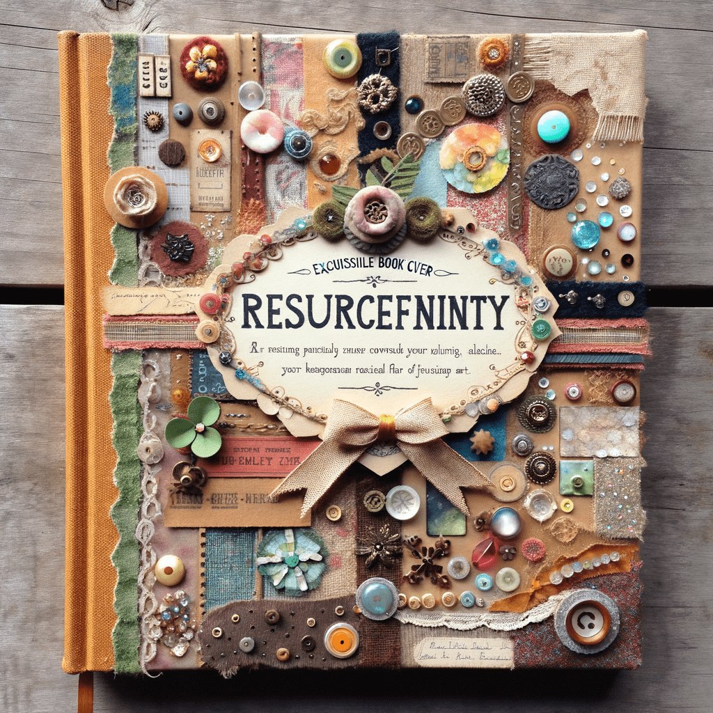 An ornate and textured book cover with a variety of objects such as buttons, jewelry pieces, and fabric swatches arranged artistically around a central label that reads "Exquisite Book Cover Resurfininity - a resting place to resurrect your ephemera & other keepsakes" on a wooden background.