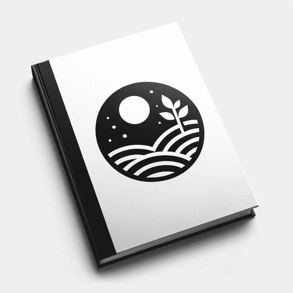 A book cover with a black and white circular design that features a stylized moon above waves and a plant.