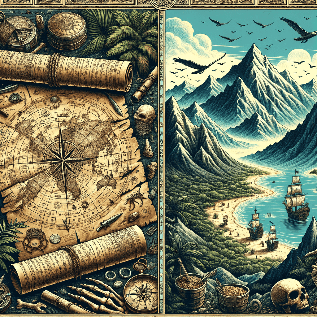 An intricately detailed illustration divided into two panels depicting themes of exploration and adventure. The left panel features a large, vintage map with compasses, scrolls, and nautical elements, while the right panel shows a scenic view of ships sailing down a river towards a distant mountain range, suggesting a journey into the unknown.