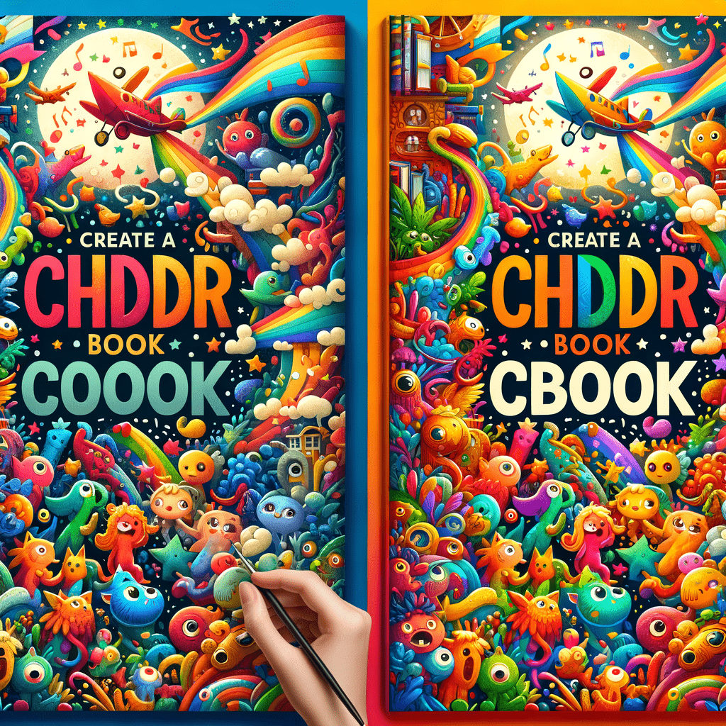 Alt text: "Colorful book cover for 'CREATE A CHDR BOOK COOOK' featuring vibrant, cartoonish creatures, whimsical objects, and a rocket, with imagination and creativity themes."