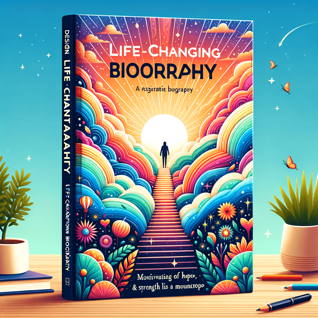 An illustrated book cover titled "LIFE-CHANGING BIOORRAPHY - A narrative biography," showing a person standing at the top of a vibrant, colorful stairway that leads to a shining sunburst. The scene is set against a serene blue sky, surrounded by whimsical flora, butterflies, and a tranquil atmosphere. A pencil, eraser, and plant sit in front of the book, suggesting a creative or inspirational work environment.