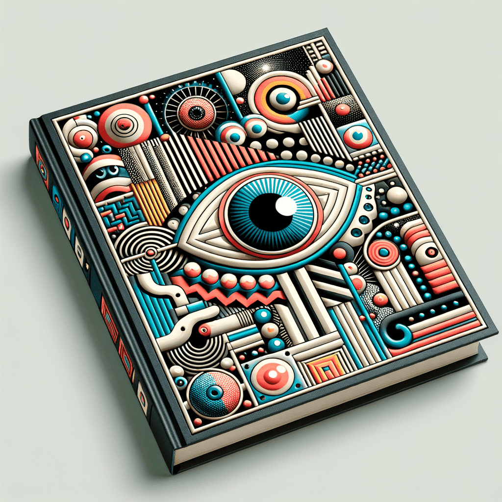 A book cover with a complex abstract design featuring geometric shapes, patterns, and a prominent stylized eye in the center. The color palette includes shades of blue, red, black, and cream.