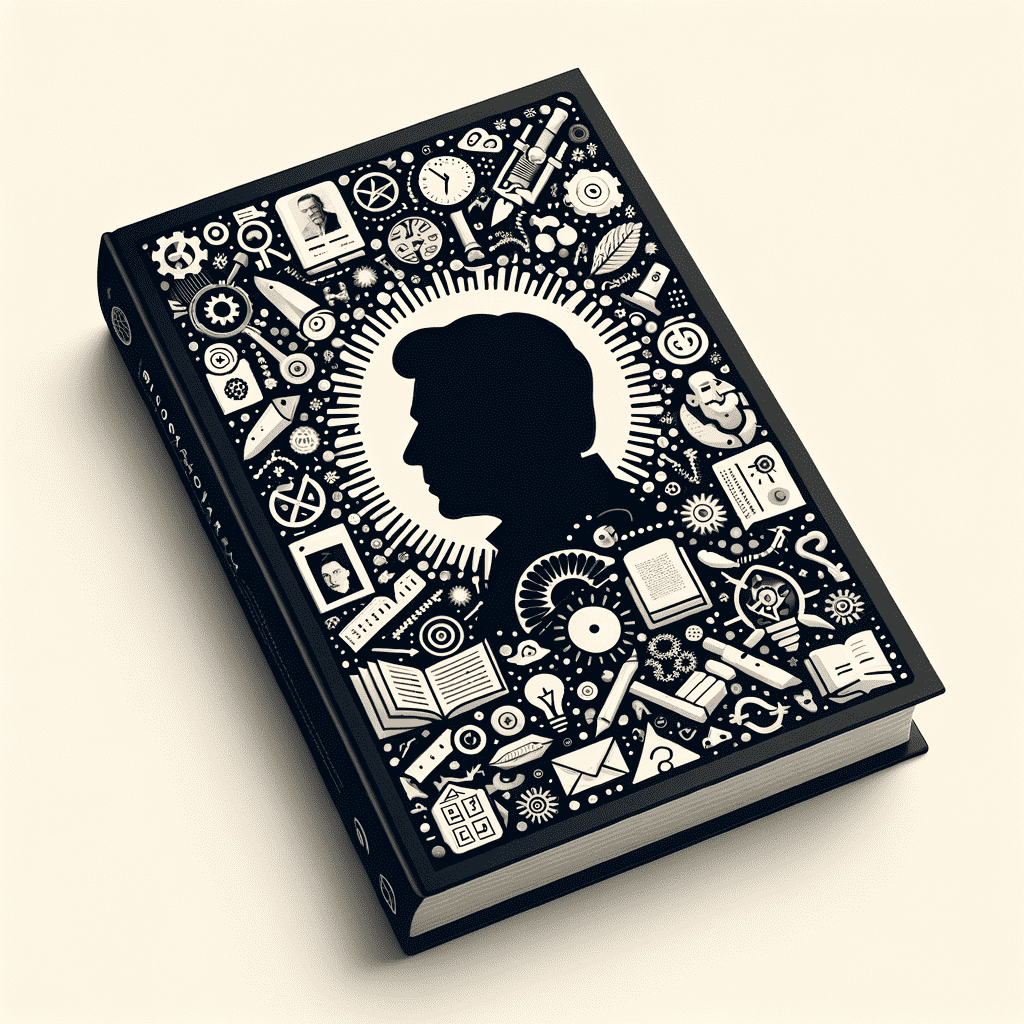 A book cover with a black and white design featuring a silhouette of a head in profile, surrounded by various icons representing knowledge, technology, and creativity, such as gears, books, light bulbs, art supplies, and musical notes.