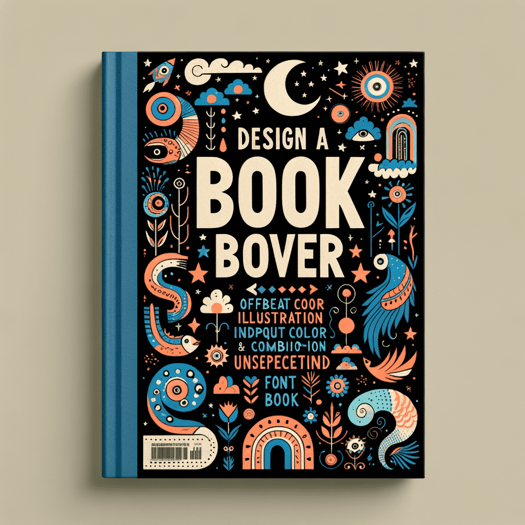 Alt text: An illustrated book cover with intricate designs and patterns in blue, black, and orange. The title "Design a Book Cover" is prominently featured in the center with various decorative elements such as stars, the moon, plants, and abstract shapes surrounding the text.