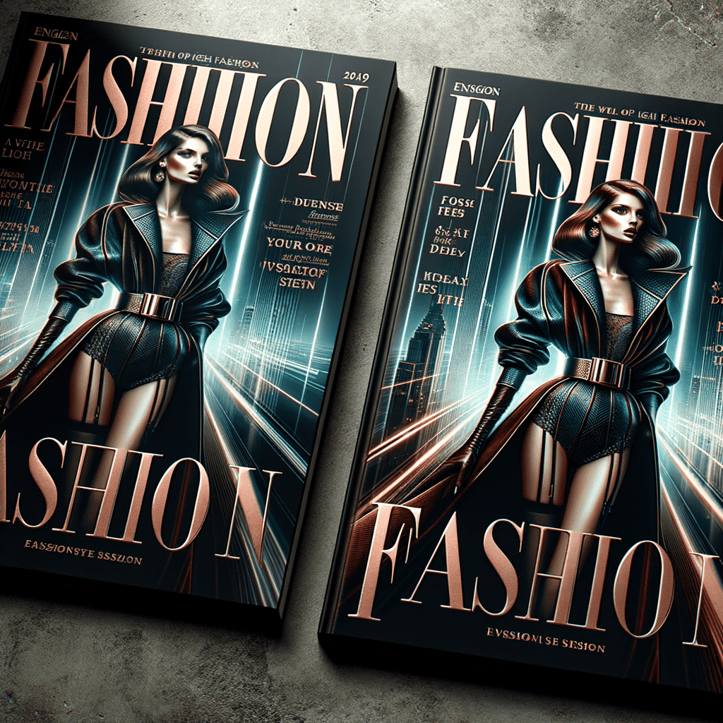 Two fashion magazine covers with a stylized woman model in a chic outfit standing with a cityscape background and the title "FASHION" prominently displayed at the top.