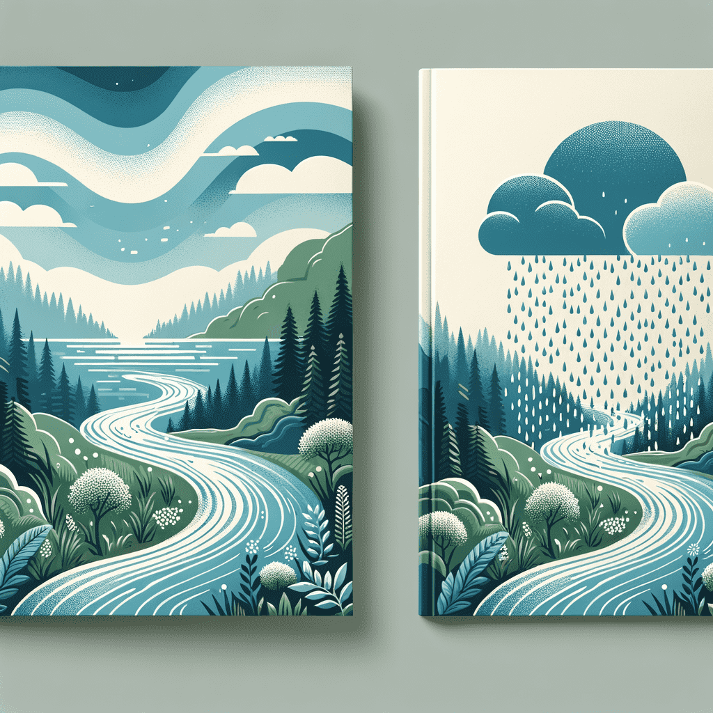 Two stylized book covers depicting serene landscapes in a limited color palette, one showing a winding river through a forest and the other featuring clouds raining over a solitary road amidst rolling hills.