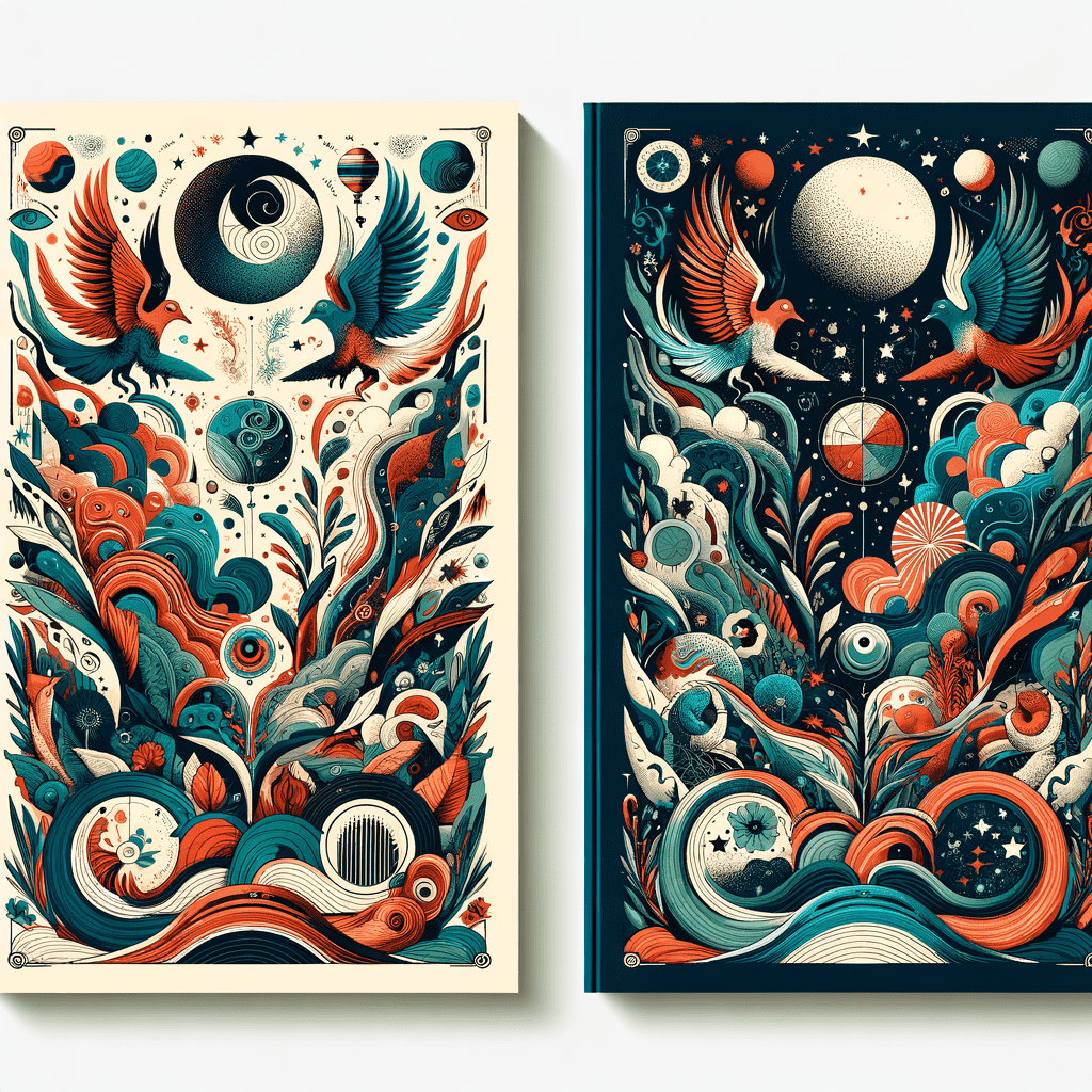 "Two book covers featuring intricate, symmetrical designs with celestial and natural themes including moons, stars, waves, and foliage in a color palette of teals, oranges, and creams."