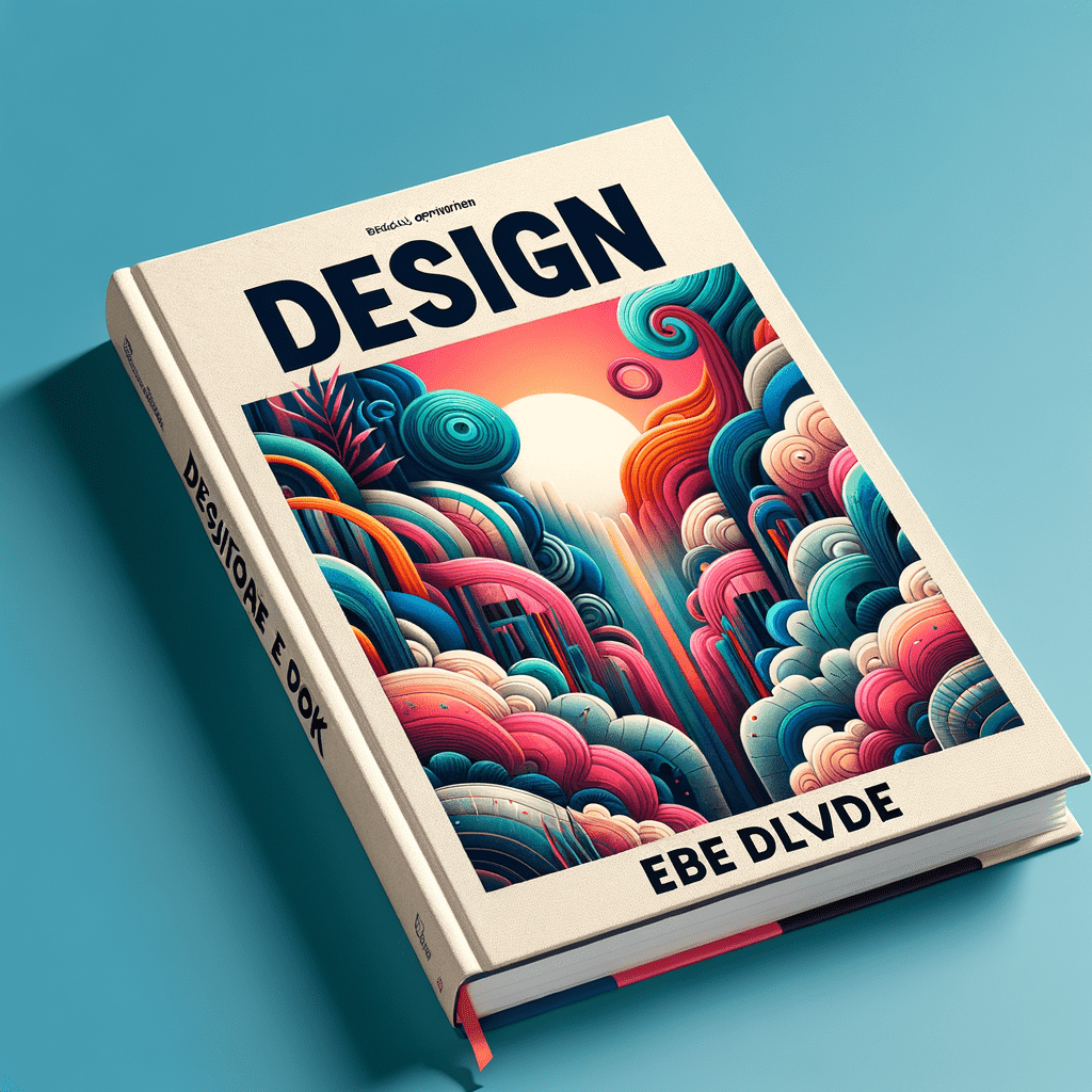 A book cover with a vibrant and colorful abstract design featuring intertwined shapes and patterns, with the title "DESIGN" in bold uppercase letters at the top. The author's name "EBE DLVDE" is printed at the bottom. The book is set against a plain teal background, giving a 3D impression of it lying at an angle.