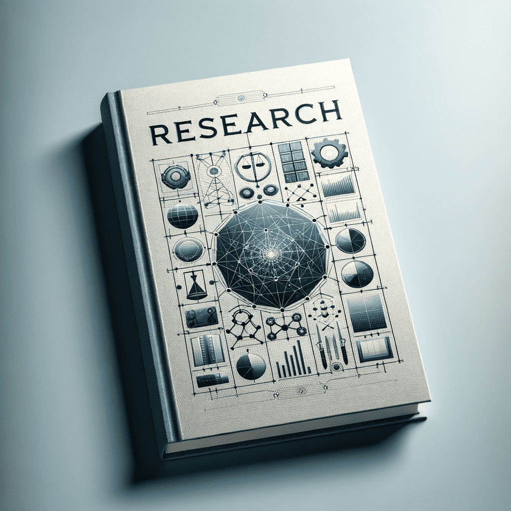 A book titled "RESEARCH" with a cover design featuring an intricate array of scientific and data-related symbols, including geometric shapes, graphs, and abstract illustrations, suggesting a focus on detailed study and analysis.