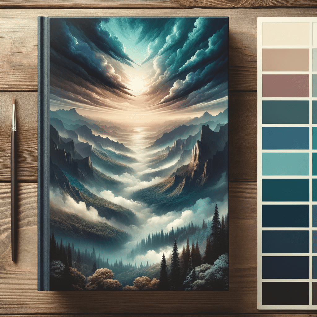 Book cover on a wooden surface featuring a surreal landscape with mountains, clouds, and a radiant sky resembling a vertical tunnel of light, a pen and color palette alongside.