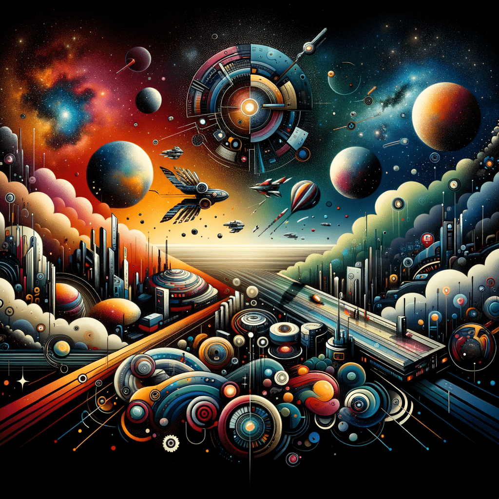 A vibrant and colorful illustration of a futuristic space scene with planets, spaceships, and a space station set against a starry background, depicting a sense of exploration and advanced technology.