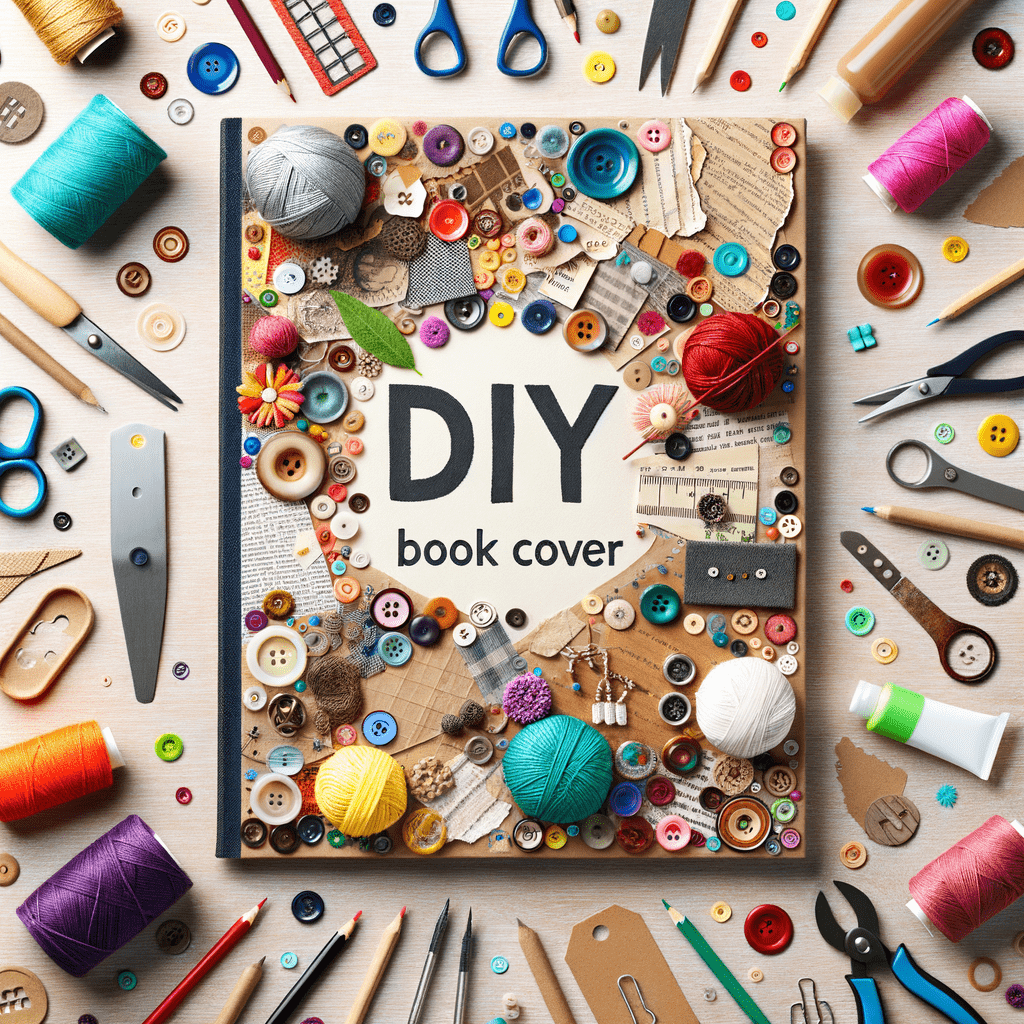 Alt text: "A creative book cover design for a 'DIY book cover' featuring an array of crafting materials such as buttons, threads, scissors, yarn, and sewing utensils arranged on a wooden surface, symbolizing a hands-on, do-it-yourself approach."