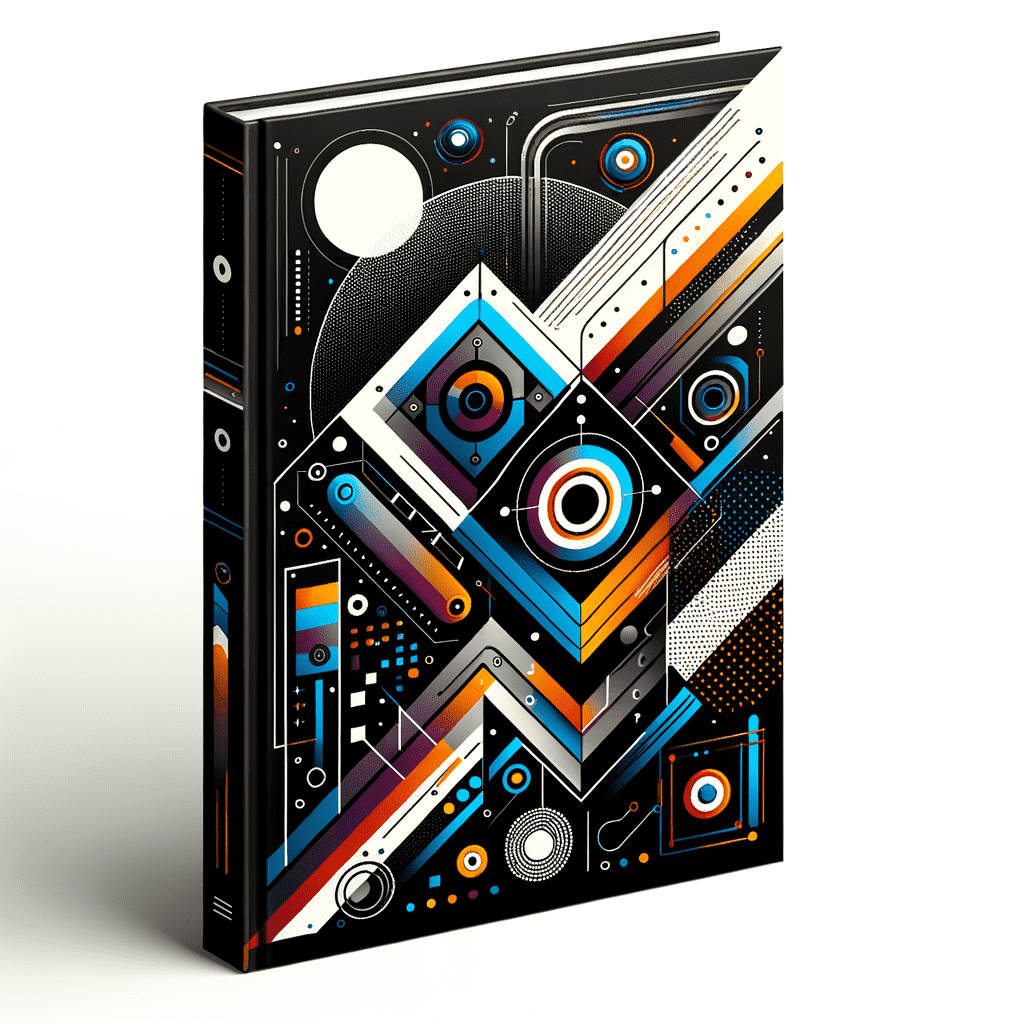 A book cover with an abstract design featuring geometric shapes, dots, and lines in a vibrant color palette of black, white, orange, and shades of blue. A large white circle reminiscent of a celestial body dominates the upper left corner.