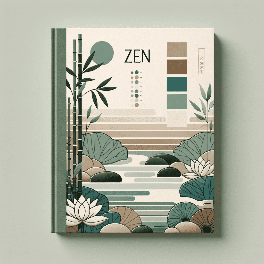 Alt text: Book cover with a minimalist Zen garden design, featuring bamboo, stones, and lotus flowers in a soothing color palette. The title "ZEN" is prominently displayed at the top.