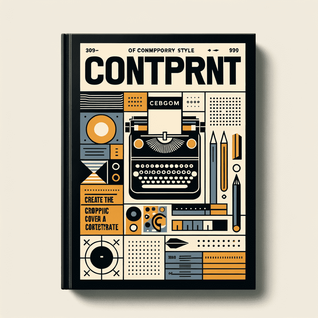 Book cover design with a vintage-inspired graphic style featuring a typewriter, pencils, and design elements in a black, orange, and cream color scheme, with "CONTPRNT" as the main title in bold letters.
