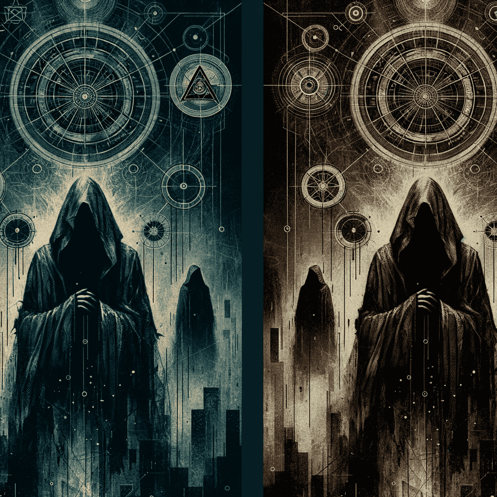 Alt text: Book cover concept featuring a hooded figure with a cosmic diagram above, set against a backdrop of shadowy skyscrapers. The left side is in color, and the right side is a sepia-toned version.