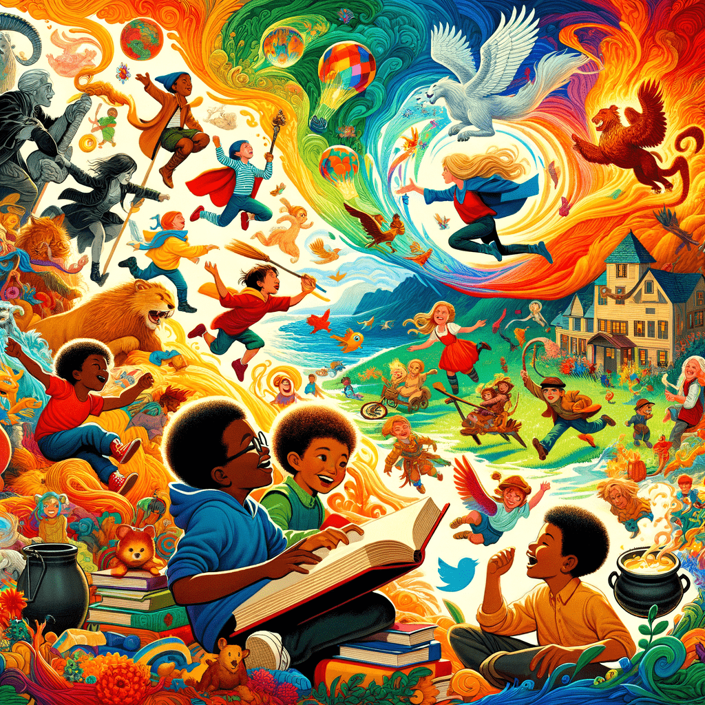 Alt text: A vibrant illustration for a book cover featuring a central scene with two children reading a giant book, surrounded by fantastical elements like flying characters, mythical creatures, rainbows, and playful animals, with a scene of whimsy and adventure emanating from the open pages.