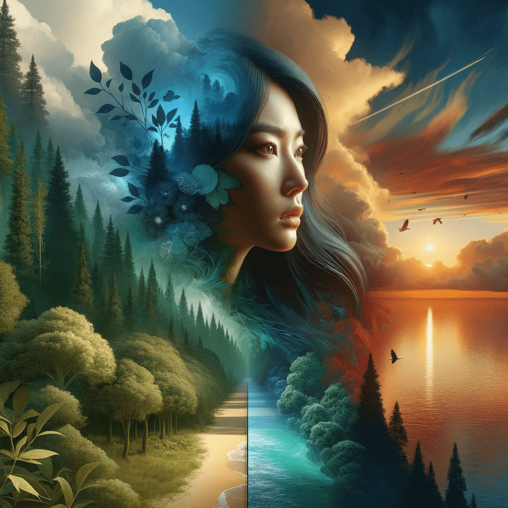 Alt text: Book cover featuring an artistic blending of a woman's profile with a rich natural landscape. Her hair and features subtly transition into a forest scene with trees, a tranquil lake at sunset, and birds in flight, creating a dreamlike atmosphere.