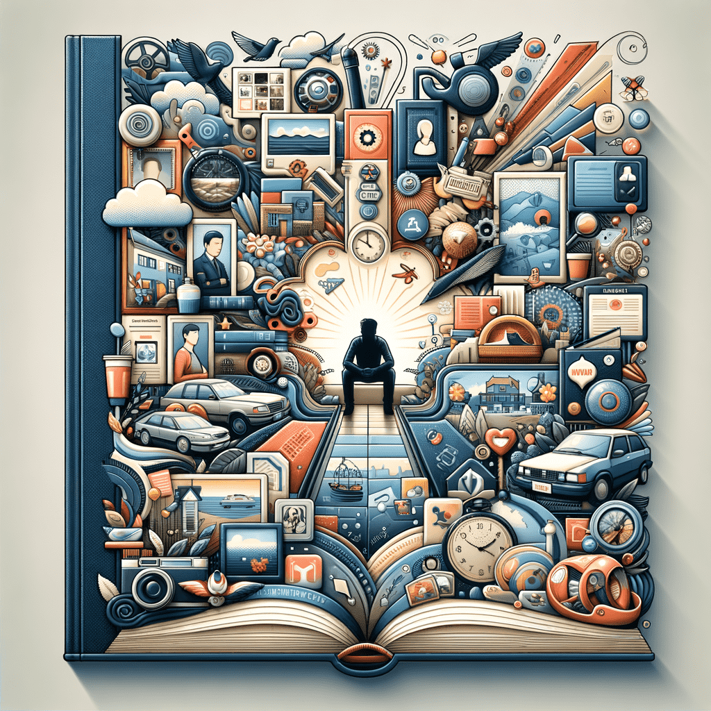 Alt text: A highly detailed book cover featuring a central silhouette of a person reading, surrounded by an elaborate composition of objects and icons representing education, creativity, technology, and various aspects of life, all emerging from the pages of an open book.