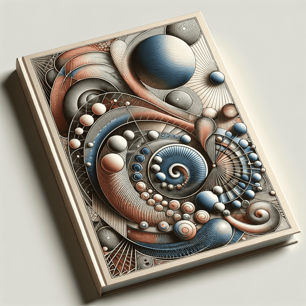 Abstract book cover design featuring textured spheres, spirals, and intricate geometric patterns with a 3D effect, predominantly in neutral tones with blue accents.