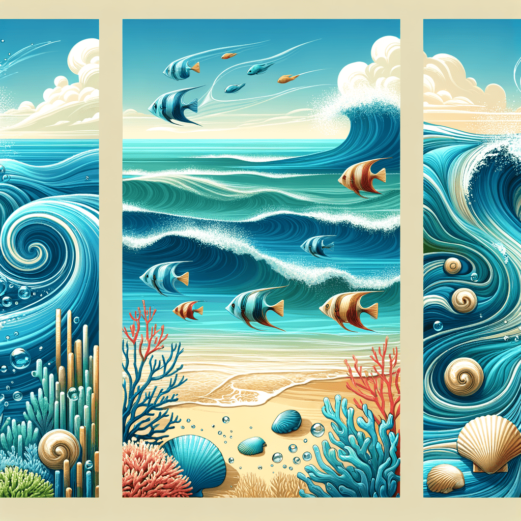 Illustration of a stylized ocean scene in three panels showing vibrant marine life with fish, coral, and seashells amidst swirling blue waves and a sunlit sky above.