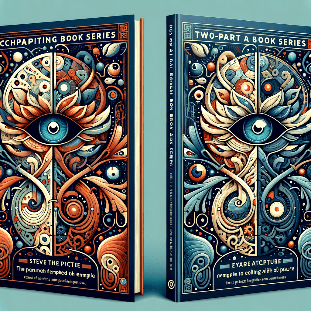 Alt text: Book cover design featuring intricate, symmetrical line art with an all-seeing eye motif at the center, set against a background of swirling organic shapes and patterns in shades of blue, orange, and white. The covers are for a two-part book series, with ornate detailing creating a visually stunning and thought-provoking aesthetic.