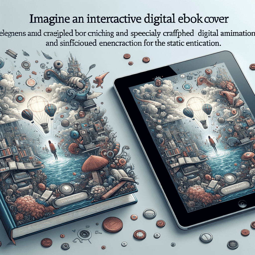 A whimsical book cover concept showing a hardcover book and a tablet side by side, both with an illustrative ocean scene that transcends the bounds of the pages and screen, featuring fantastical islands, hot air balloons, and marine life.