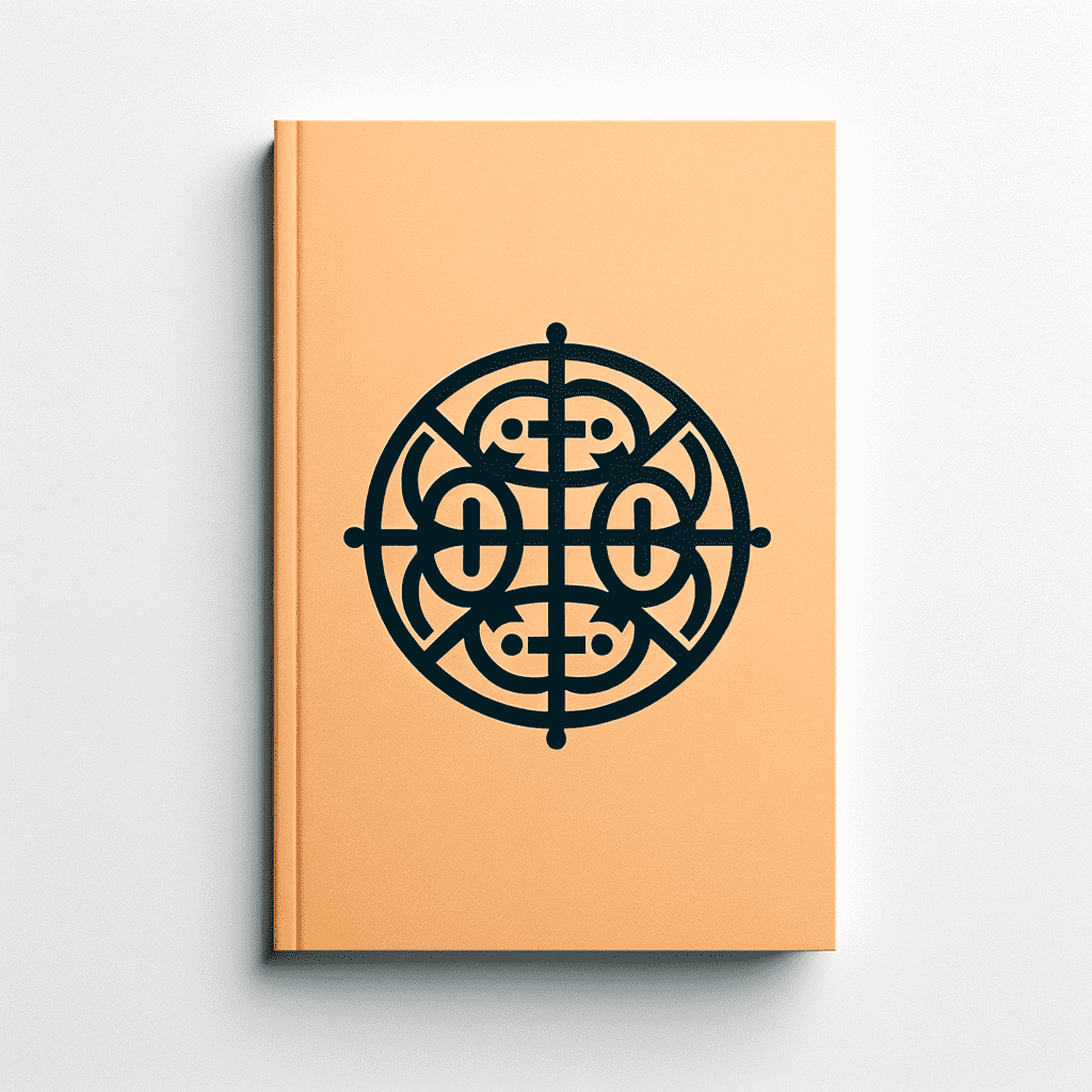 Alt text: "A minimalist book cover in orange with a stylized black circular emblem at the center that combines geometric and organic shapes, evoking an intricate emblem or logo."