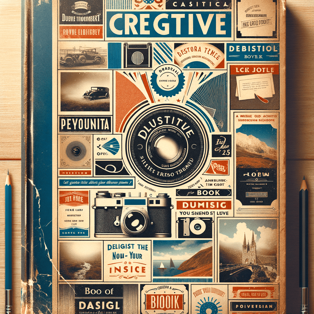 A book cover with a vintage collage design featuring a variety of objects and text snippets such as cameras, a car, and phrases like "CREATIVE," "INDUSTRIAL," and "DESTROY TIME." The overall theme is retro and artistic with a warm, aged look. Pencils and a wooden surface frame the image, suggesting a workspace.