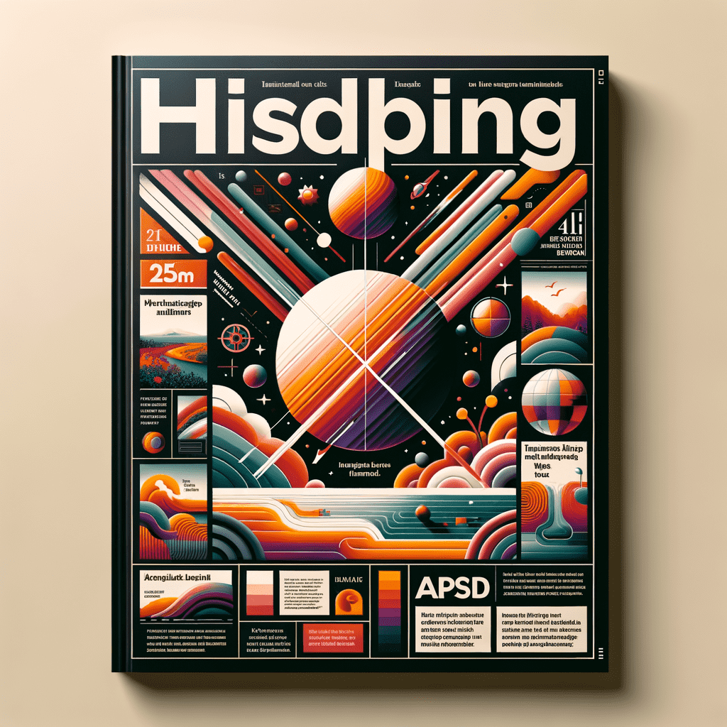 A retro-futuristic style book cover with the title "Hisdping" prominently in the center, featuring abstract cosmic imagery with planets, stars, and light rays, accented by geometric shapes and informational blocks reminiscent of vintage science textbooks.