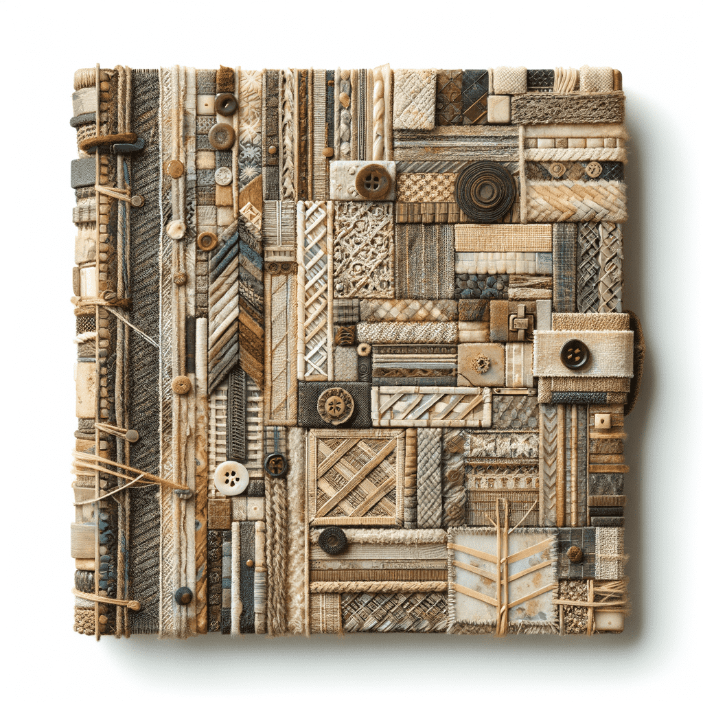 Alt text: An elaborately textured book cover featuring a patchwork of different fabric pieces, buttons, belts, and laces, all in a neutral color palette, creating a vintage and tactile appearance.